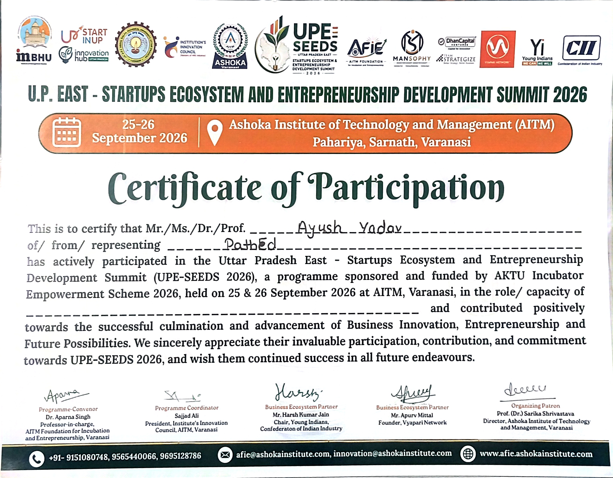 UPE-SEEDS 2026 — Certificate of Participation